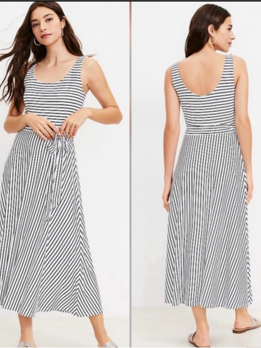 LOFT Black & White Striped Scoop Neck Tie-Waist maxi Dress